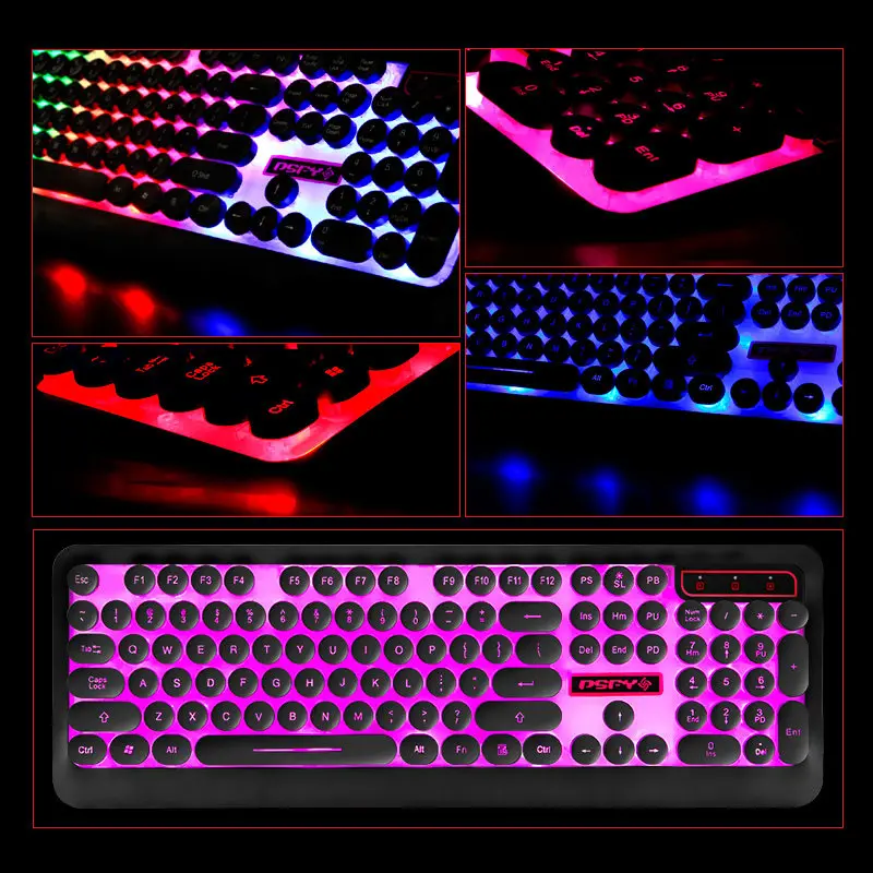 Russian English Gaming Keyboard  Retro Round Keycap Colorful Breathing Backlit 3-Color Light panel USB Wired For Laptop PC