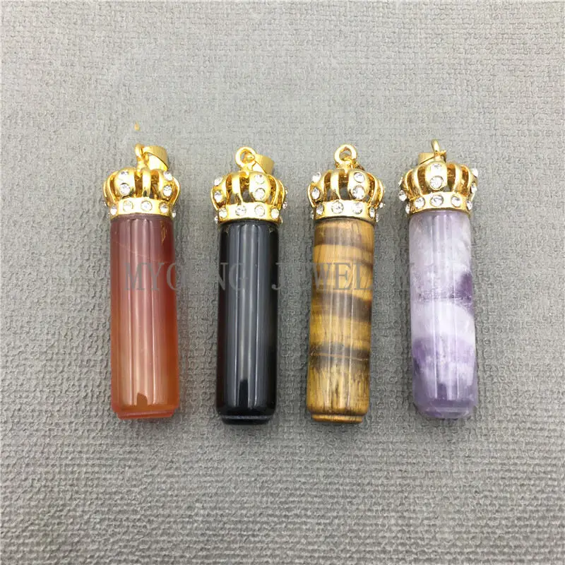 

MY0625 Mix Stone Cylinder Pendant Pillar Point With Gold Color Crown Cap Paved Rhinestone Tiger Eye Amethysts Agates Pendant