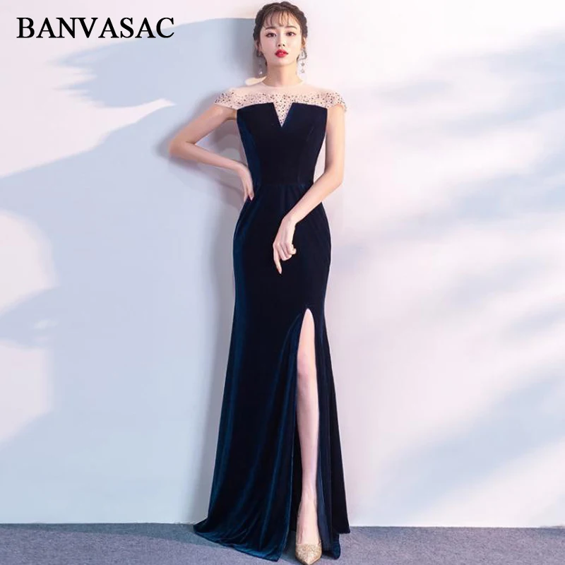 

BANVASAC Illusion Crystal O Neck Velour Split Mermaid Long Evening Dresses 2019 Party Short Cap Sleeve Prom Gowns