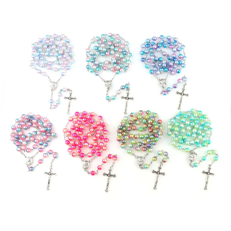 10pcs Colorful Rosary 8mm Round Pearl Beads Catholic Rosary With Holy Soil Center Crucifix Prayer Religious Jewelry