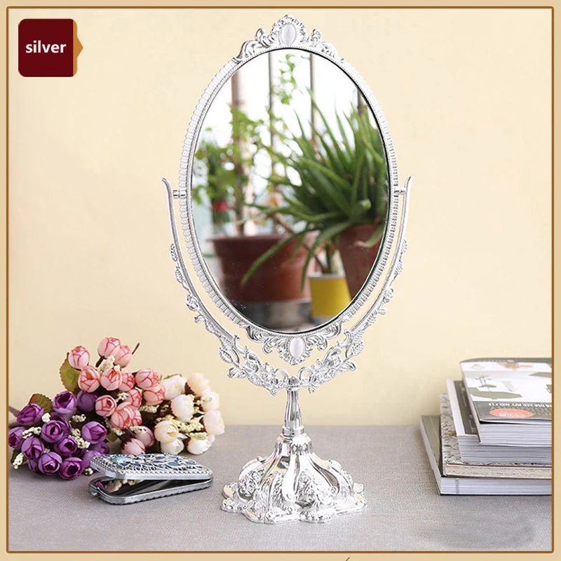 

European Antique Copper Engraved Rose Flower Branch Design Double-sided 4x6 Inch Oval Metal Framed Tabletop Swing Makeup Mirror
