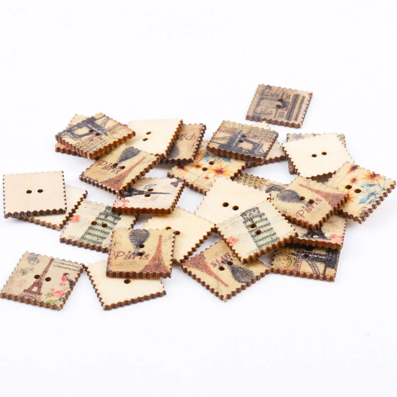 New wavy edge Wood Sewing Button Scrapbooking cityscape paint Mixed At Random 2 Holes For Clothing DIY Crafts 20mm 30PCs MT1548