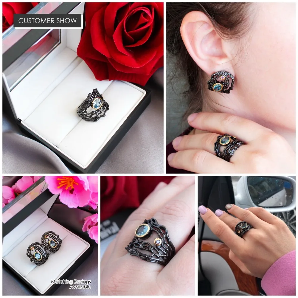 DreamCarnival 1989 Neo-Gothic Series Hollow Sea Blue Zirconia Vintage Ring for Women Black Gold Color Braided Jewelry Drop Ship