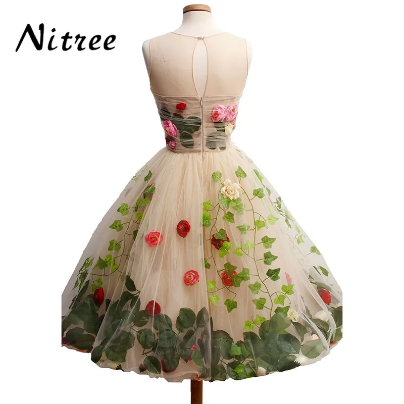 Real Sample Pretty Colorful 3D Flowers Leaf Champagne Tulle Short Prom Dresses for Girls Formal Gown 2017 Vestido De Festa