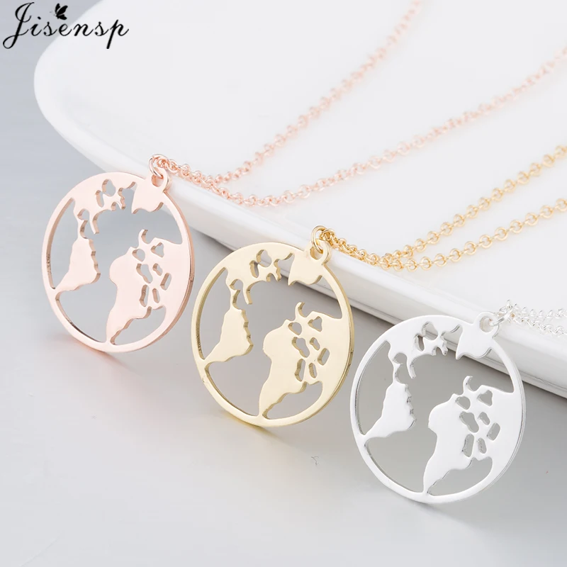 Jisensp Stainless Steel Origami World Map Necklace for Women Simple Jewelry Round Necklaces Pendants Earth Day Gift bijoux femme