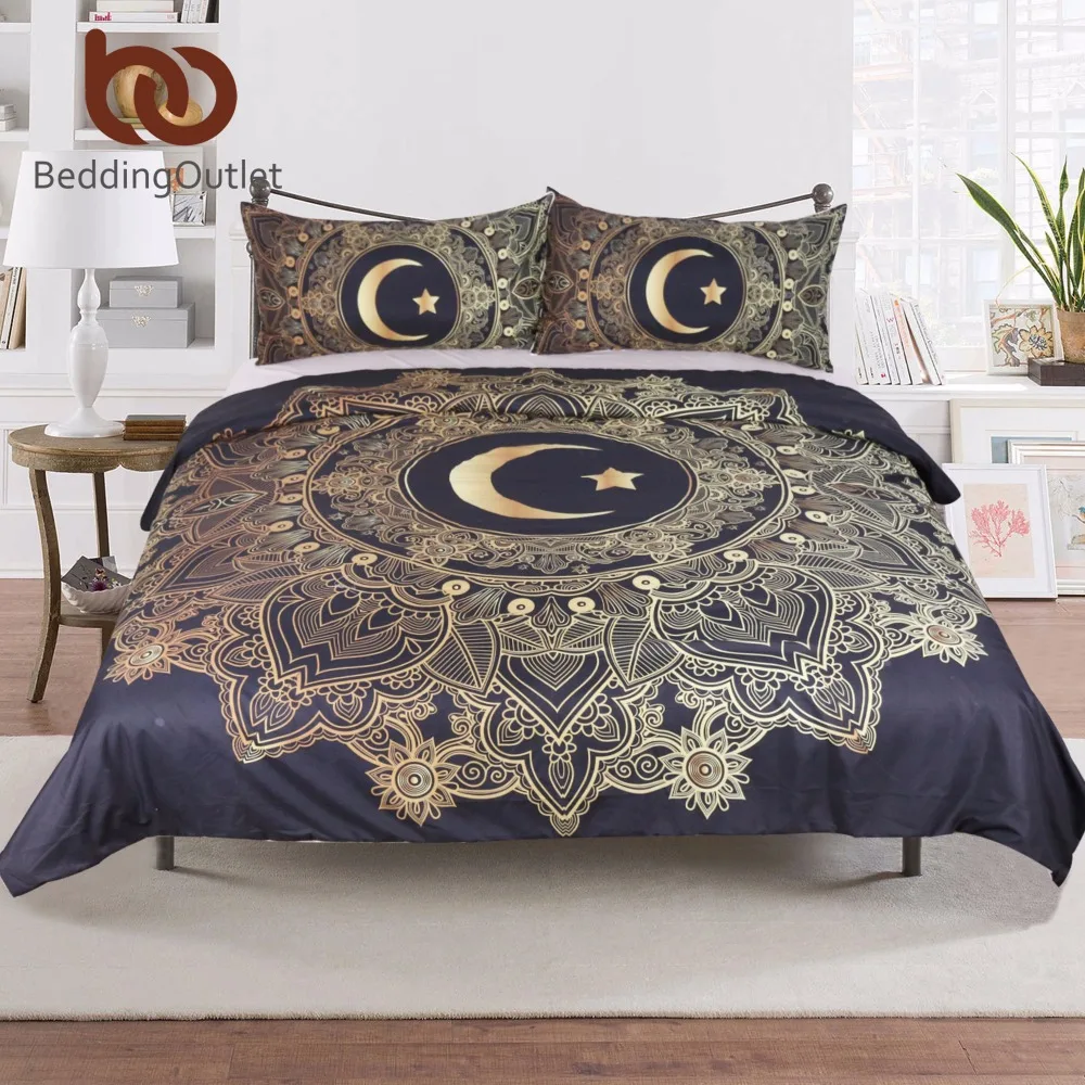 

BeddingOutlet Golden Mandala Duvet Cover Black Flowers Star Moon Bedding Set Dark Blue Soft Quilt Cover Single 3 Pcs Bed Cover