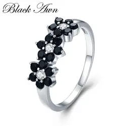 Black Awn New Cute Silver Color Jewelry Flower Bague Black Spinel Wedding Rings for Women Girl Party Gift C464