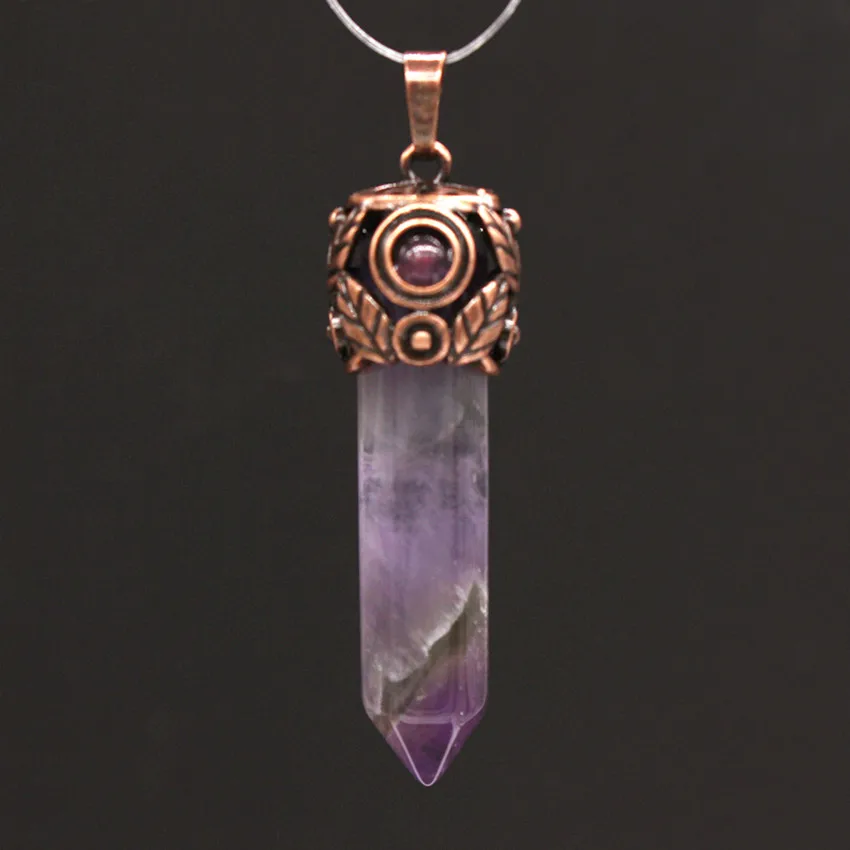 100-Unique 1 Pcs Copper Plated Leaf Hexagon Column Natural Amethysts Stone Pendant Antique Jewelry