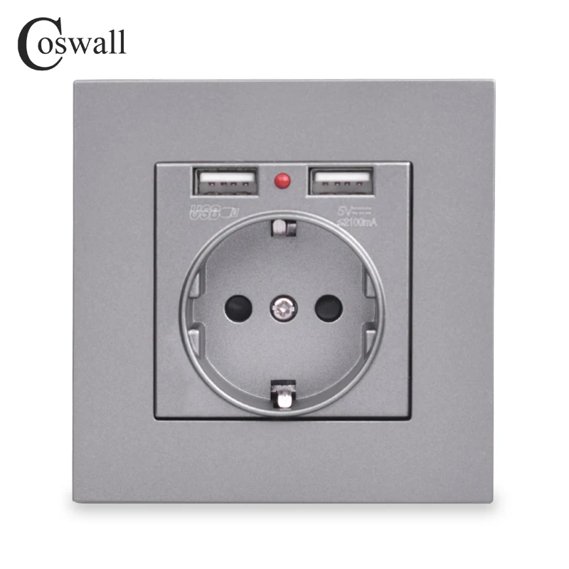 Coswall Dual USB Charging Port 5V 2.1A LED Indicator 16A Wall EU Power Socket Outlet PC Panel Grey Gray Black White Gold