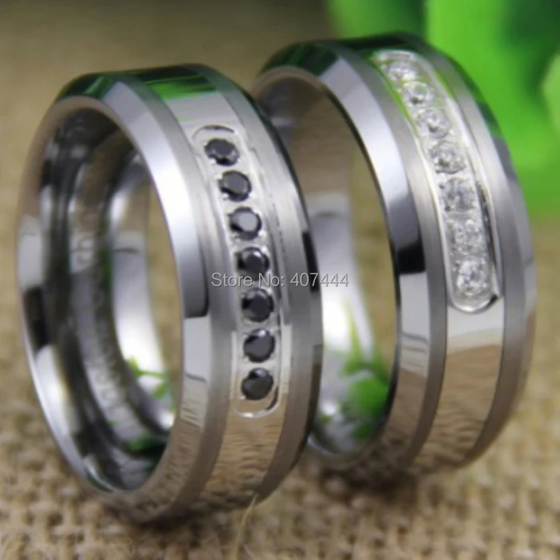 Free Shipping YGK JEWELRY Hot Sale 8MM Comfort Fit White/Black stones Inlay Silver Beveled Tungsten Wedding Ring