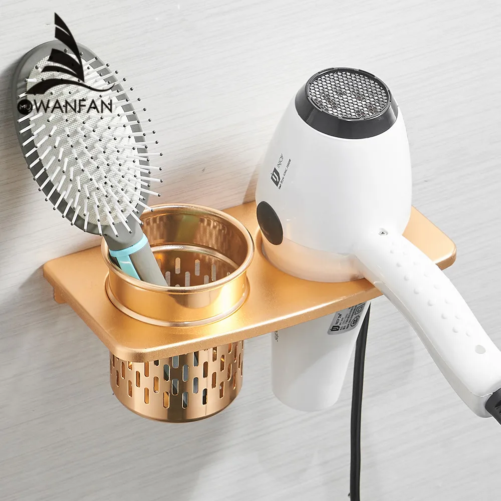 Gold Hair Dryer Holder With Cup Households Rack Hair Blow Dryer Shelf Metal Wall Mount Bathroom Accessories Hair Dryer Rack