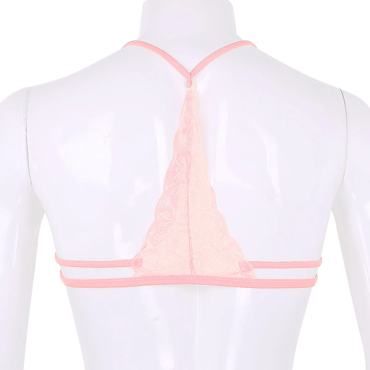 MSemis Sexy Men Bra Sissy Lingerie Pink Lace Gay Underwear Mesh See Through Sheer Y-shape Back Unlined Triangle Bralette Bra Top