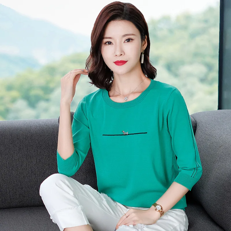 Summer New Ice Silk T-shirt Woman Korean Stripe All-match Knitted Tees Female Three-quarter Sleeve Round Collar Casual Top H9329