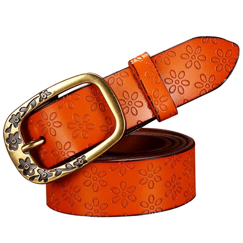 Fashion Genuine leather belts for women Vintage floral Pin buckle strap for jeans High quality second layer cow skin belt woman