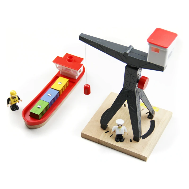 p145 Wooden Track Scene Accessories Port Terminal Cargo Ship and Crane Crane Suitable for wooden plastic train track toy