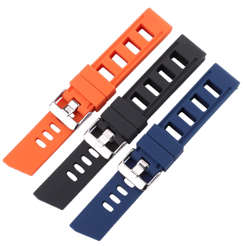 Correa de reloj de goma para hombre y mujer, pulsera de silicona suave impermeable con hebilla pulida, 20mm, 22mm, naranja, azul, negro