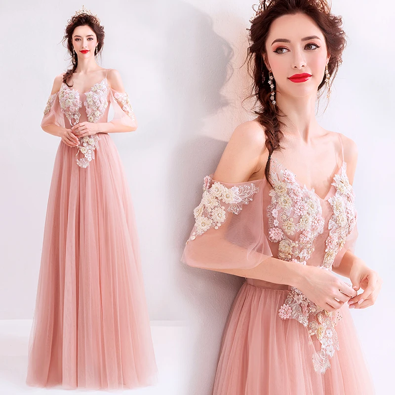 Robe De bal longue et féerique, rose clair, avec des Appliques De perles, manches courtes, Transparent, nouvelle collection 2019