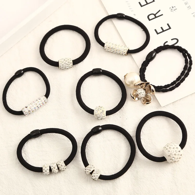 5pcs/lot  Full Crystal Rubber Bands Hair Accessories For Women Black Elastic Hair Girls Lovely Hair Ropes Ponytail Holder Tie