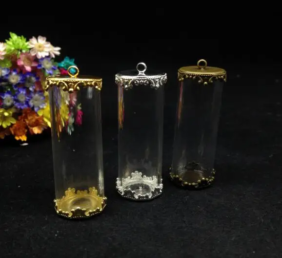 Globe en verre à tube ouvert d'un côté, plateau à fleurs de 15mm, bouteille en verre, collier pendentif bricolage, Script en verre, 3 pièces, 40x15mm