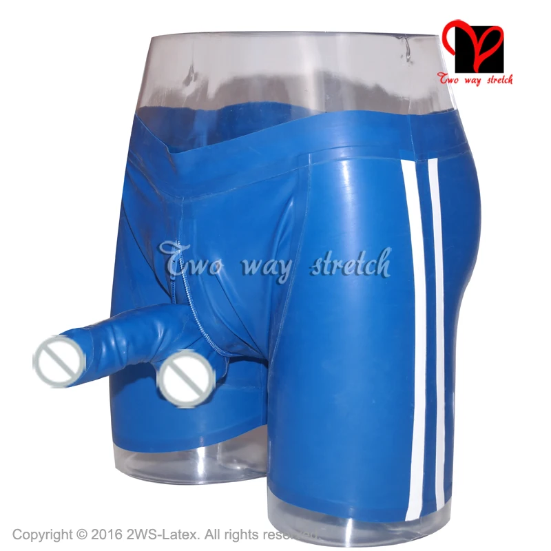 

Sexy Blue Latex Boxer shorts With stripes trim penis sheath front zipper Rubber underwear condom Pants Bermuda HotPants KZ-128