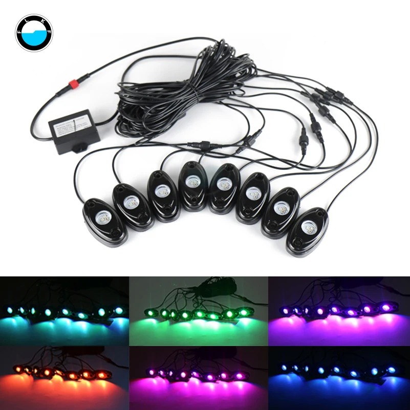 

8 Pods RGB LED Rock Lights 9W LED Rolling Rock Light for Jeep car Truck Boat Yacht Chassis Lights.