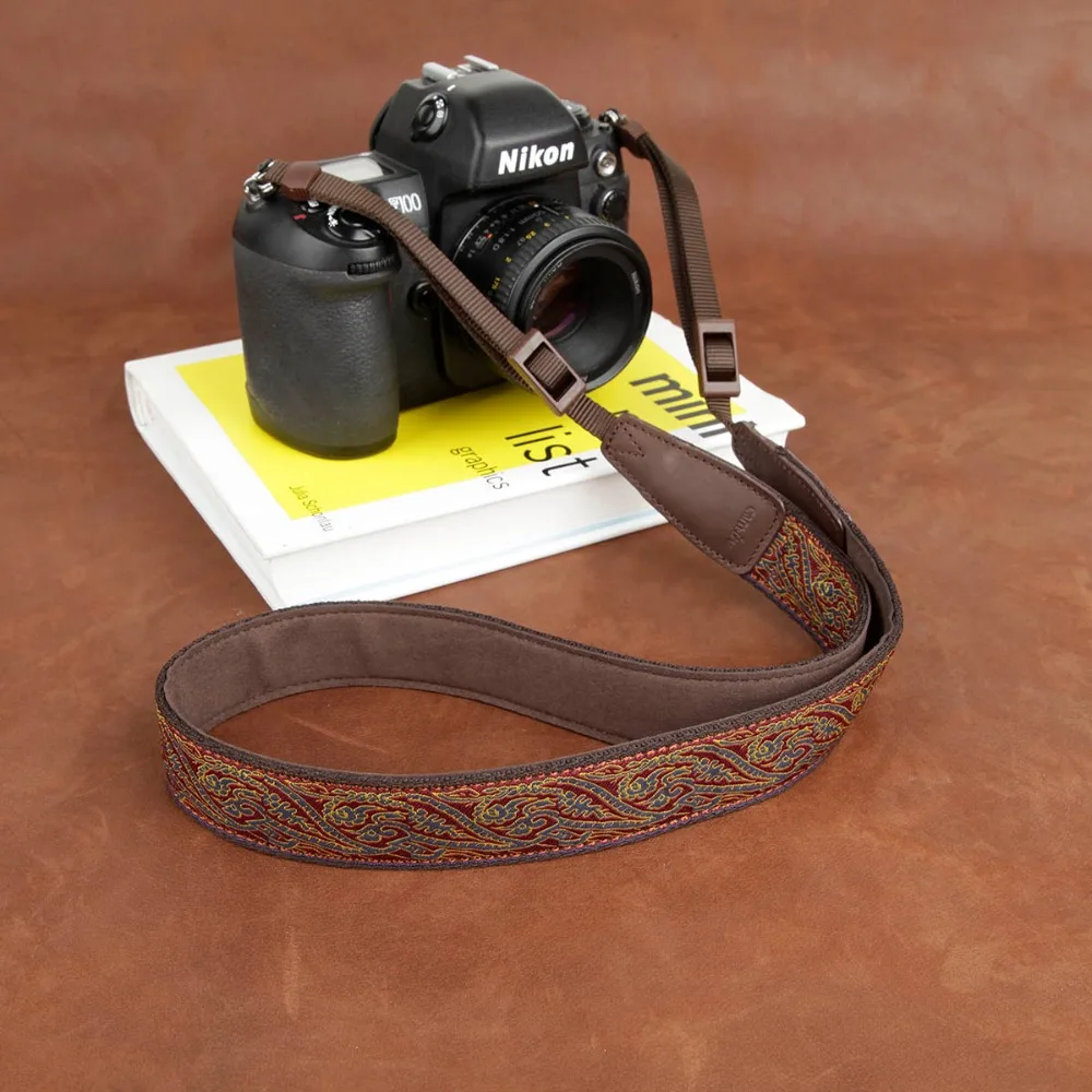 Cam7584 camera strap embroidery retro style adjustable length camera neckband soft cotton fiber and cowhide handmade