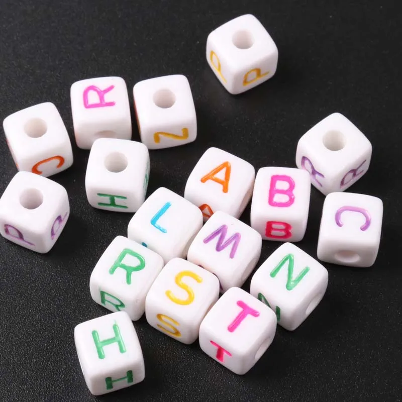 Mixed Color White colorful Acrylic Alphabet Letter Cube beads for jewelry making DIY Bracelets Necklace 10mm 50Pcs
