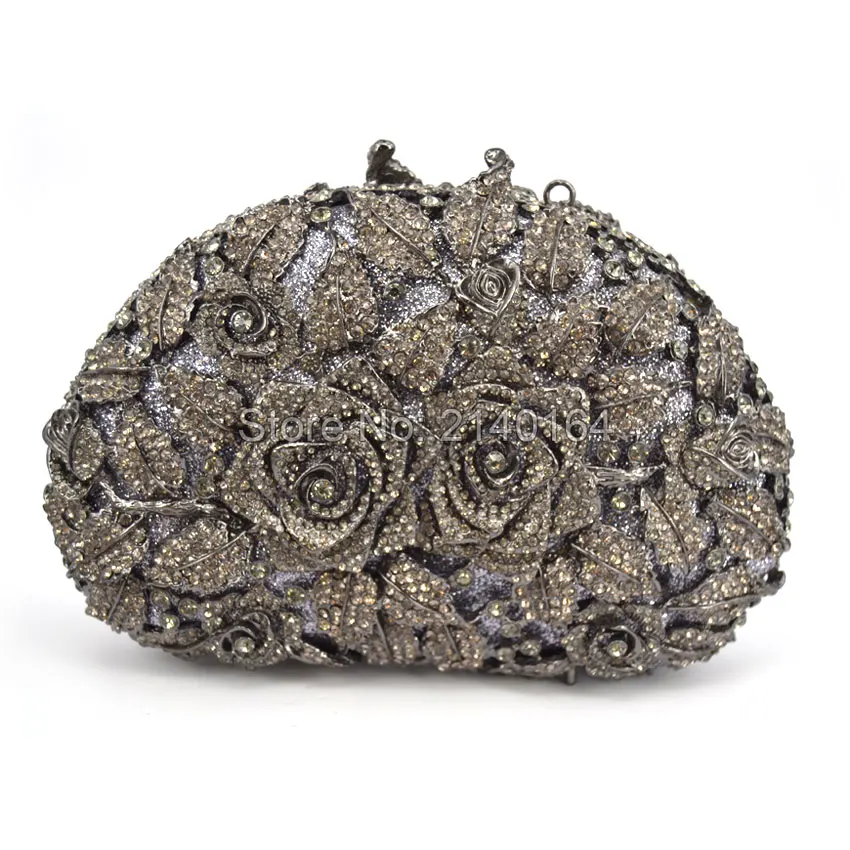 

Fashion Grey Diamond Women Wedding Clutches Bag Rose Flower Crystal Evening Bags Party black clutch Purses (88303-H)