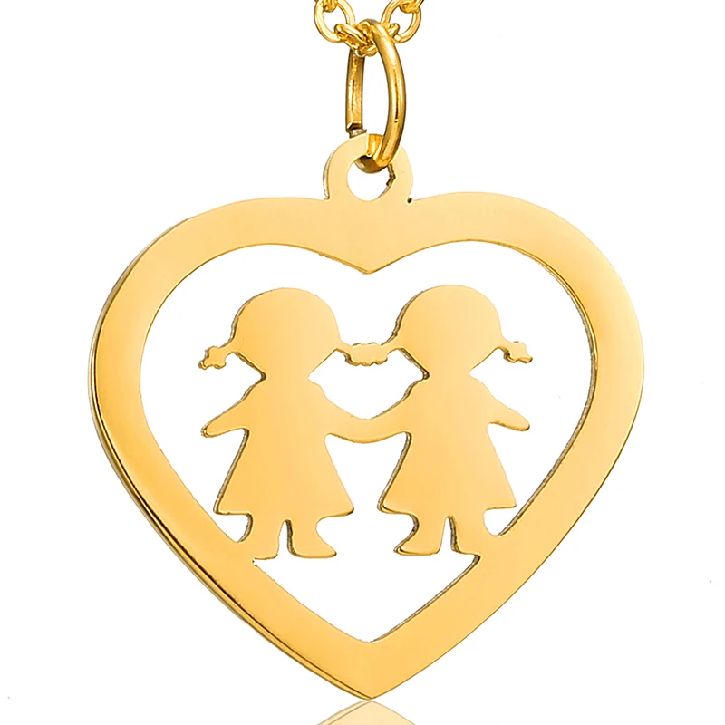 Fashion Figure Boy & Girl in Heart Pendant Necklace Stainless Steel Children Kids Necklace Gold Silver Color Chain Charm Choker