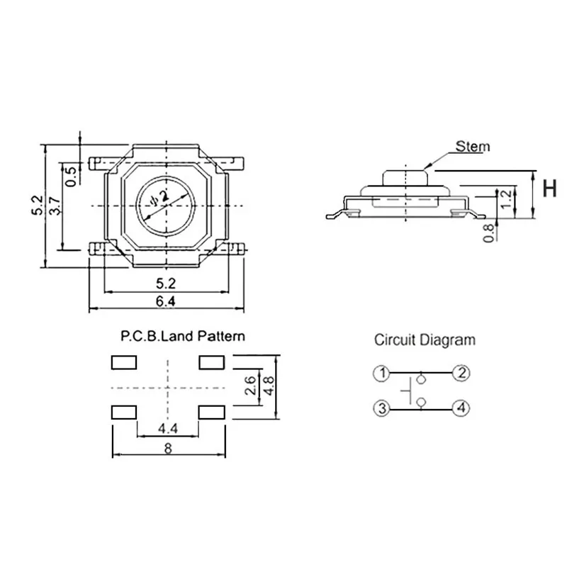 5.2*5.2 High 1.5-6.0 touch tact switch 4 PIN Metal SMD Tactile 12V Micro Push Button Switch copper feet