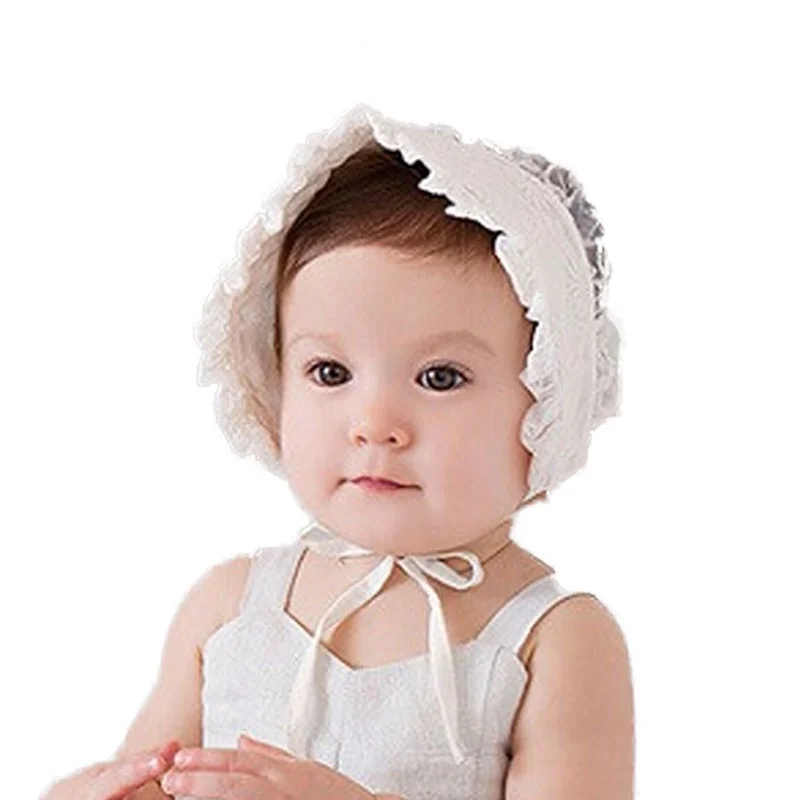 New Bonnet with Lace Kids Girl Photography Prop Nordic Vintage Pattern Toddler Flower Retro Children Christening Baptism Cap