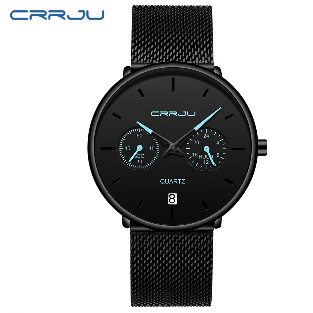 Mens Watches CRRJU Full Steel Casual Waterproof Watch for Man Sport Quartz Watch Men\'s Dress Calendar Watch Relogio Masculino