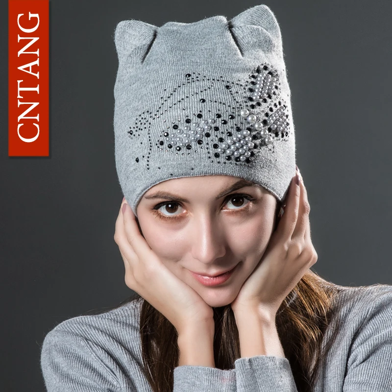 CNTANG Winter Knitted Velvet Warm Hats Cute Cat Ears With Butterfly Skullies Beanies Women Fashion Caps Casual Hat For Female