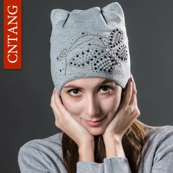 CNTANG Winter Knitted Velvet Warm Hats Cute Cat Ears With Butterfly Skullies Beanies Women Fashion Caps Casual Hat For Female