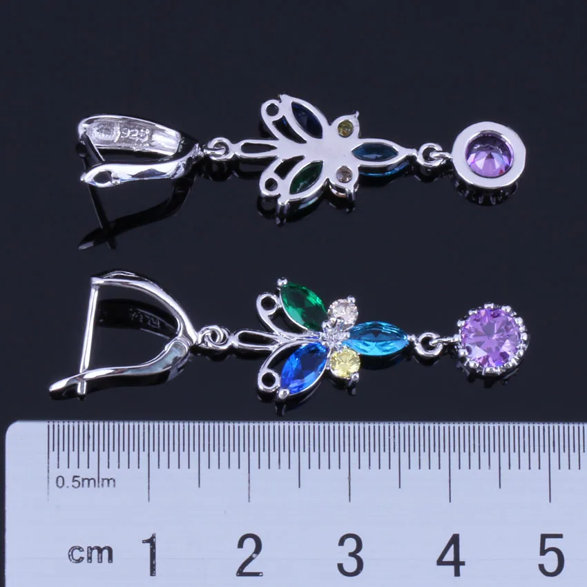 Brilliant Long Butterfly Multigem Multicolor Purple Cubic Zirconia Silver Plated Drop Dangle Earrings V0798