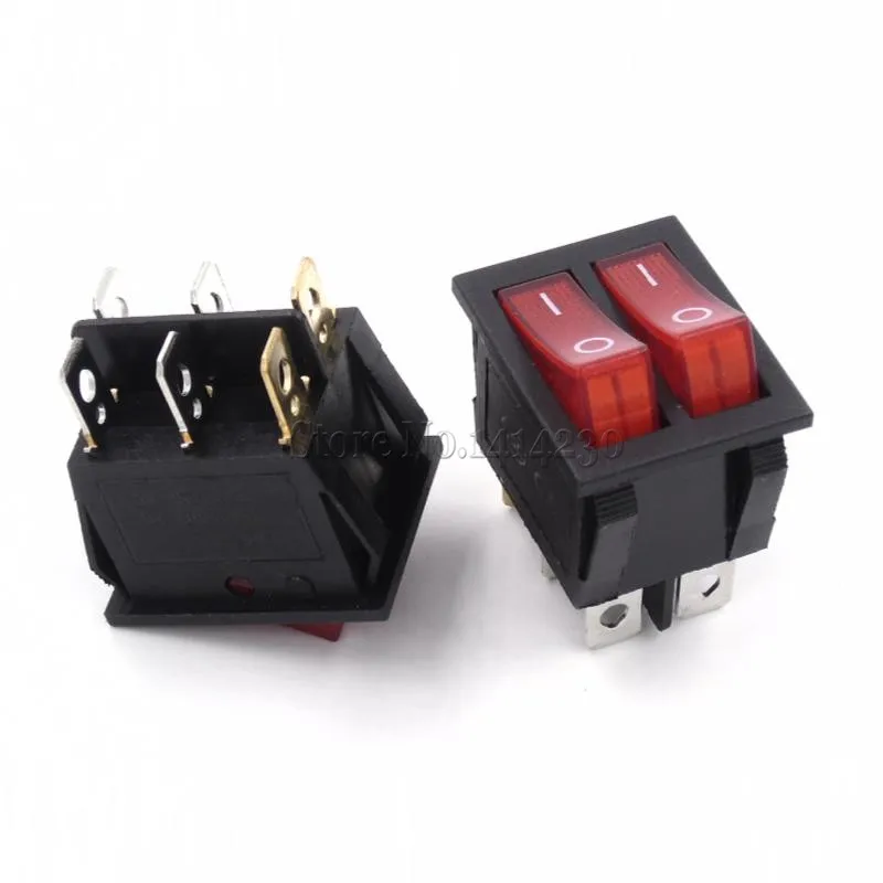 10Pcs KCD6 25x31mm With Red Light Big Rocker Switches Two-Way Switch 6 Pin 2 Position 15A 250V 20A 125VAC ON-OFF