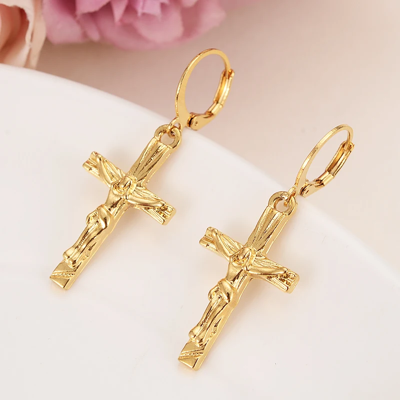 Jesus Cross Jewelry Sets Classical Necklaces Earrings Set Gold Color Brass,Arab/Africa Wedding Bride\'s Dowry Women Girls Gifts