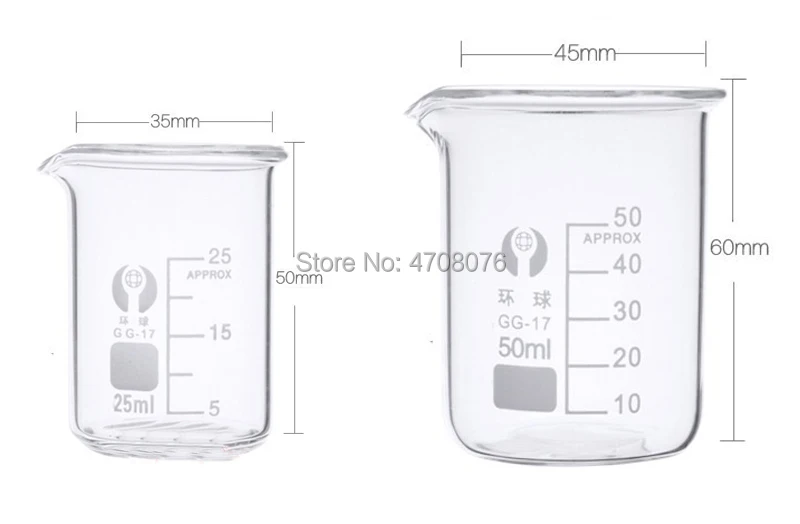 Vaso de vidrio de borosilicato Pyrex, vidrio de laboratorio, taza de medición química, fondo plano para prueba científica, 50ml, 12 piezas por juego