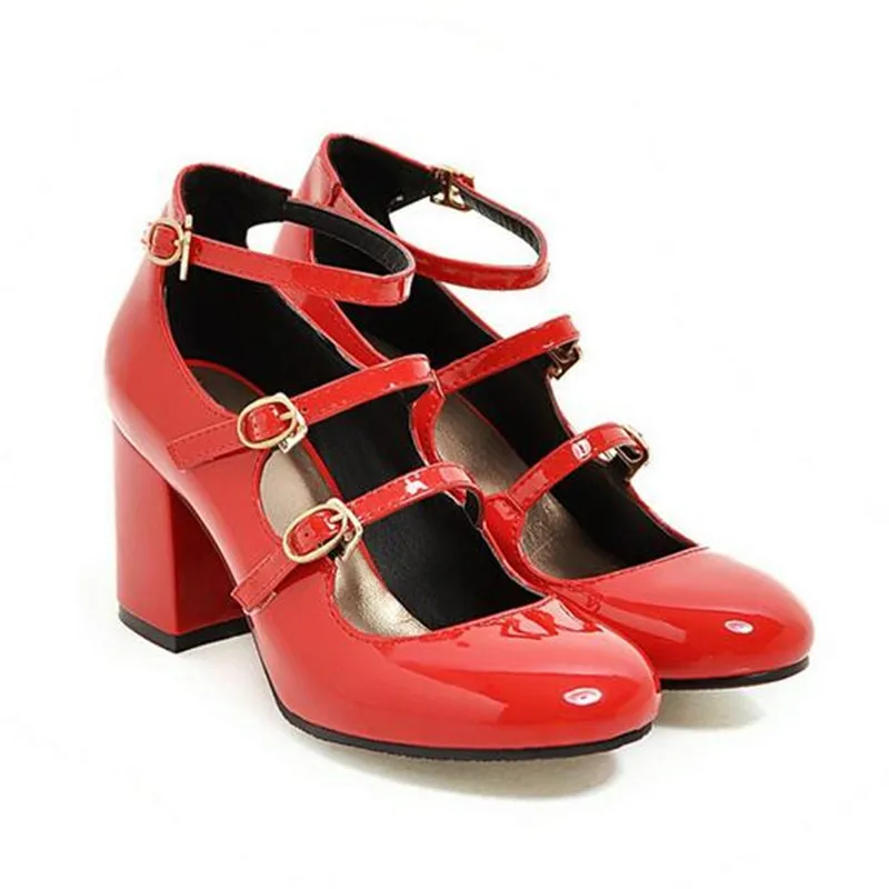 MAZIAO Spring 2019 Shoes Women Mary Jane Thick High Heels Buckle Pumps Party Shoes Round Toe Ladies Shoes Black Red Size 34-43