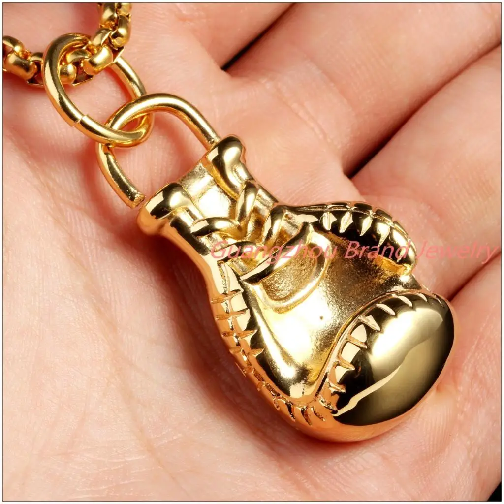 Newest Design Fashion 316L Stainless Steel Gold color  Bling Men Women Boxing Glove Pendant Necklace High Quality+Rope Chain