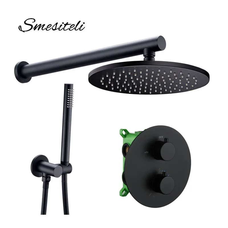 Smesiteli Matte Black Finish Round Design Thermostatic Diverter Shower Systems Wall Mount Shower System with 8''-16''Rainshower