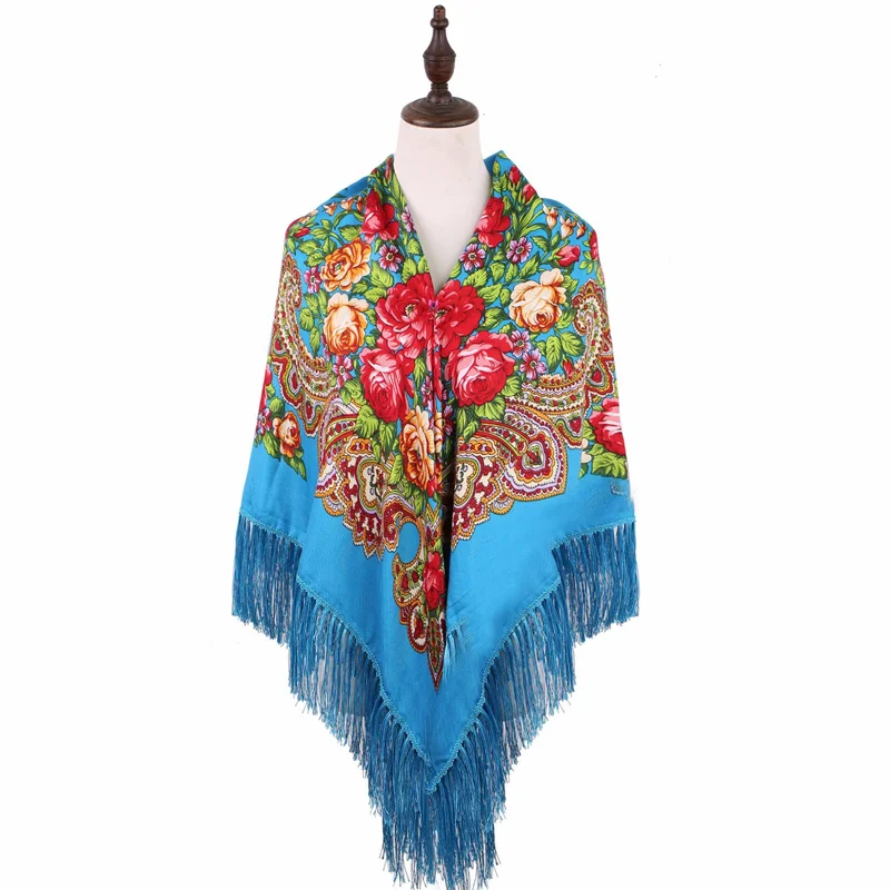 Classic Russian style folk art shawl women's headscarf flower pattern Twill cotton  scarf Fashion shawl scarf With tassel 140CM