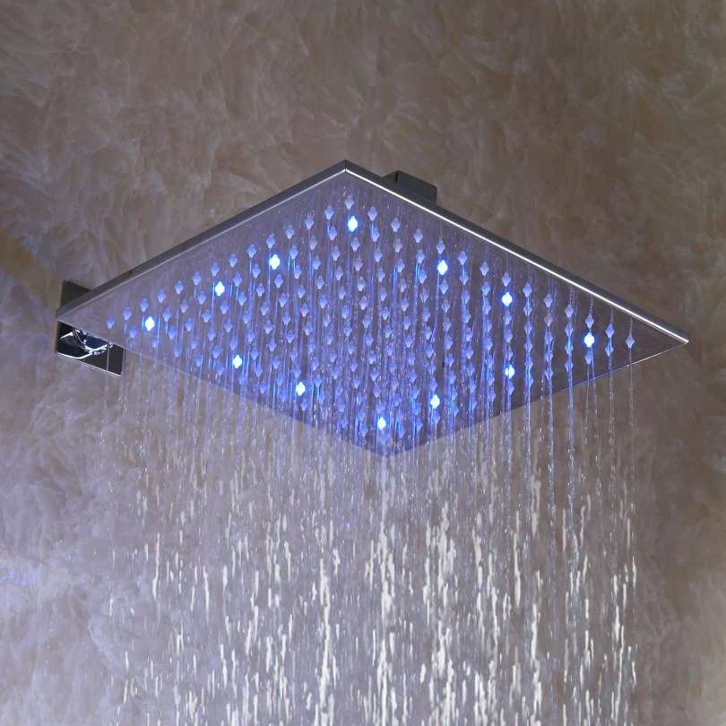 Top Shower With 3 Color(Green Blue Red)! 12 Inch, Square Chrome Overhead LED Rainfall Shower Head L-012