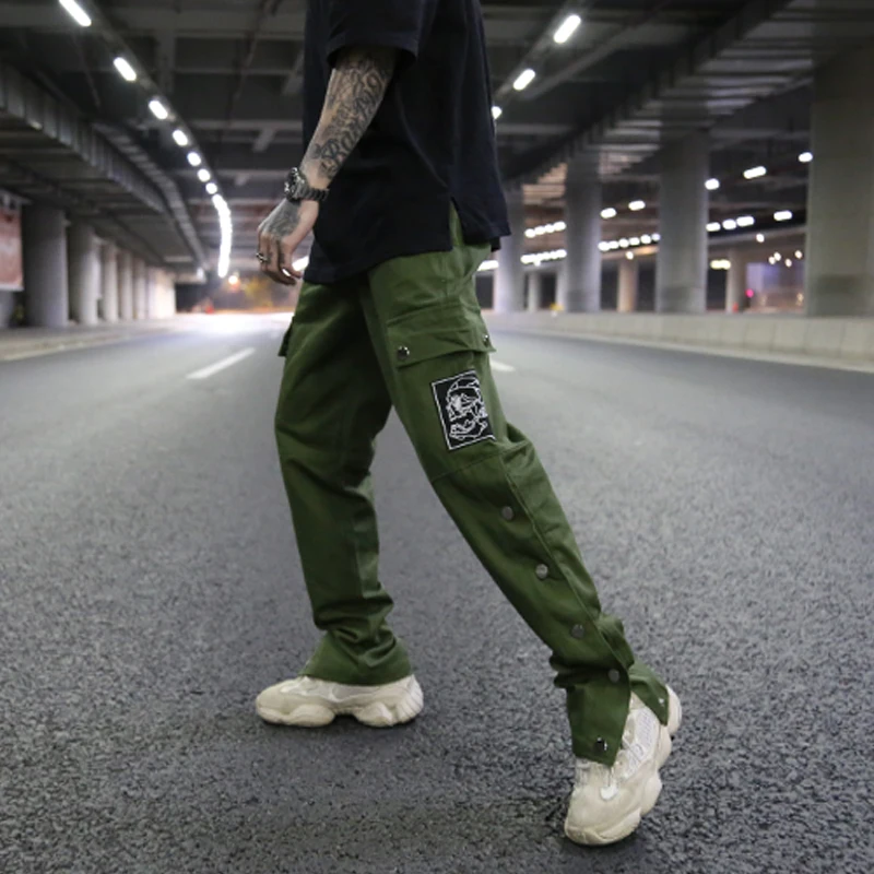 2019 novos bolsos de carga streetwear calças de homem casual hip hop joggers botão lateral calças com cordão de cintura elástica