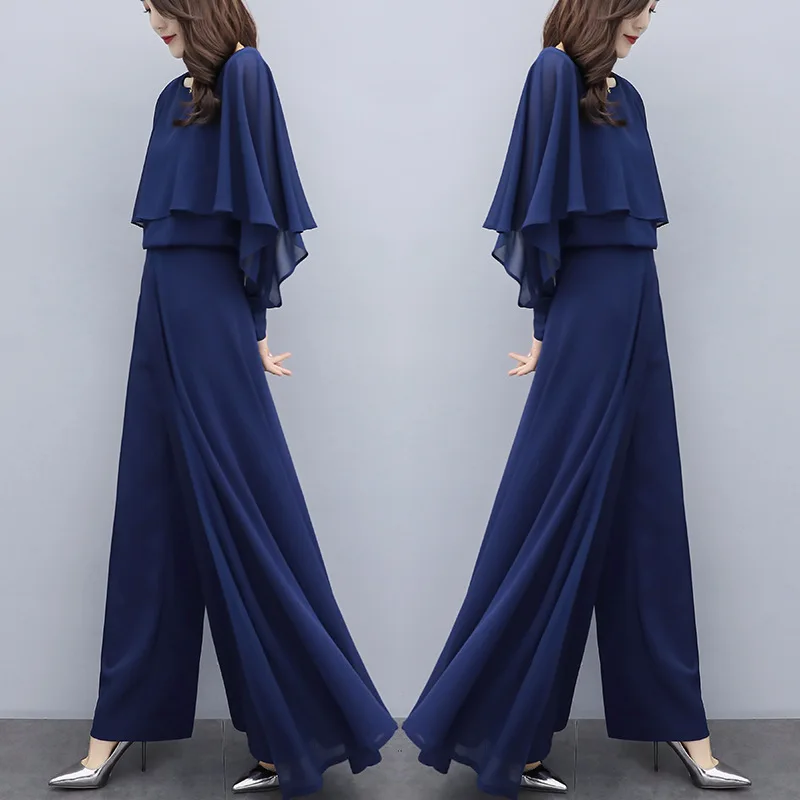 Spring Summer Elegant Two Piece Set Women Chiffon Batwing Sleeve Shirt+High Waist Wide Leg Pants Sets Lady Trouser Suits W1009