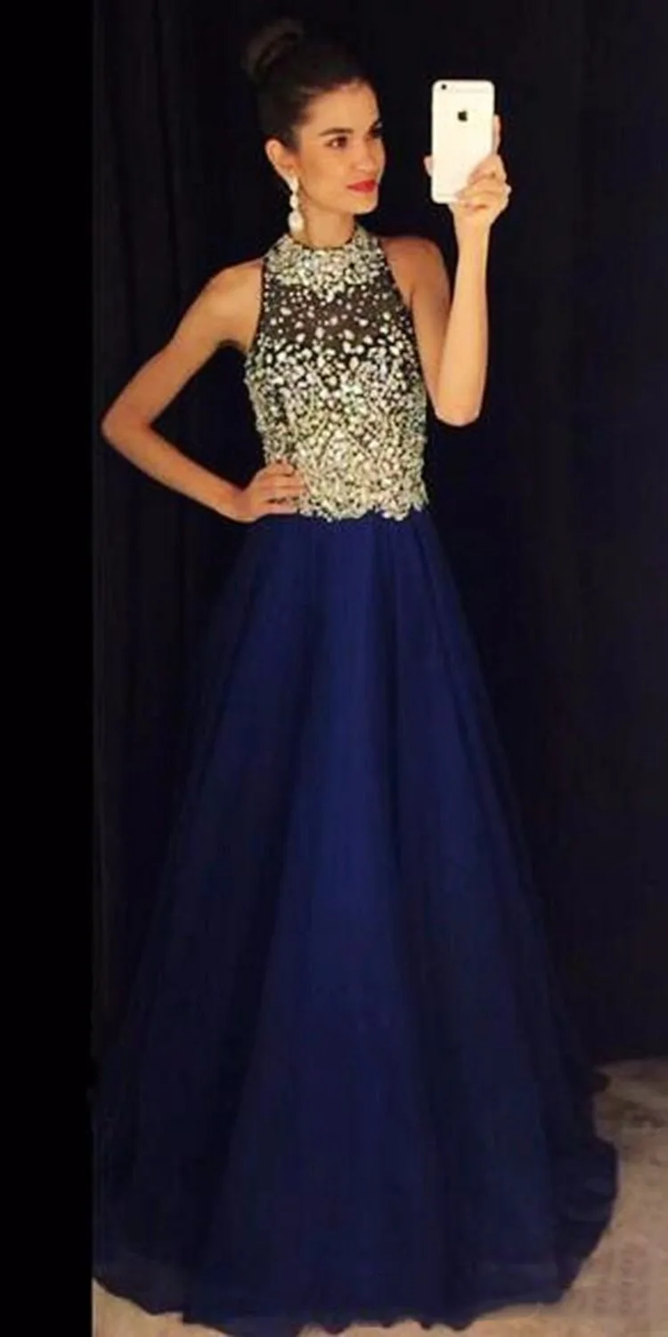 Elegant A Line Royal Blue Prom Dresses High Neck Beaded Crystals Chiffon Long Evening Dresses Prom Gown Robe De Soiree