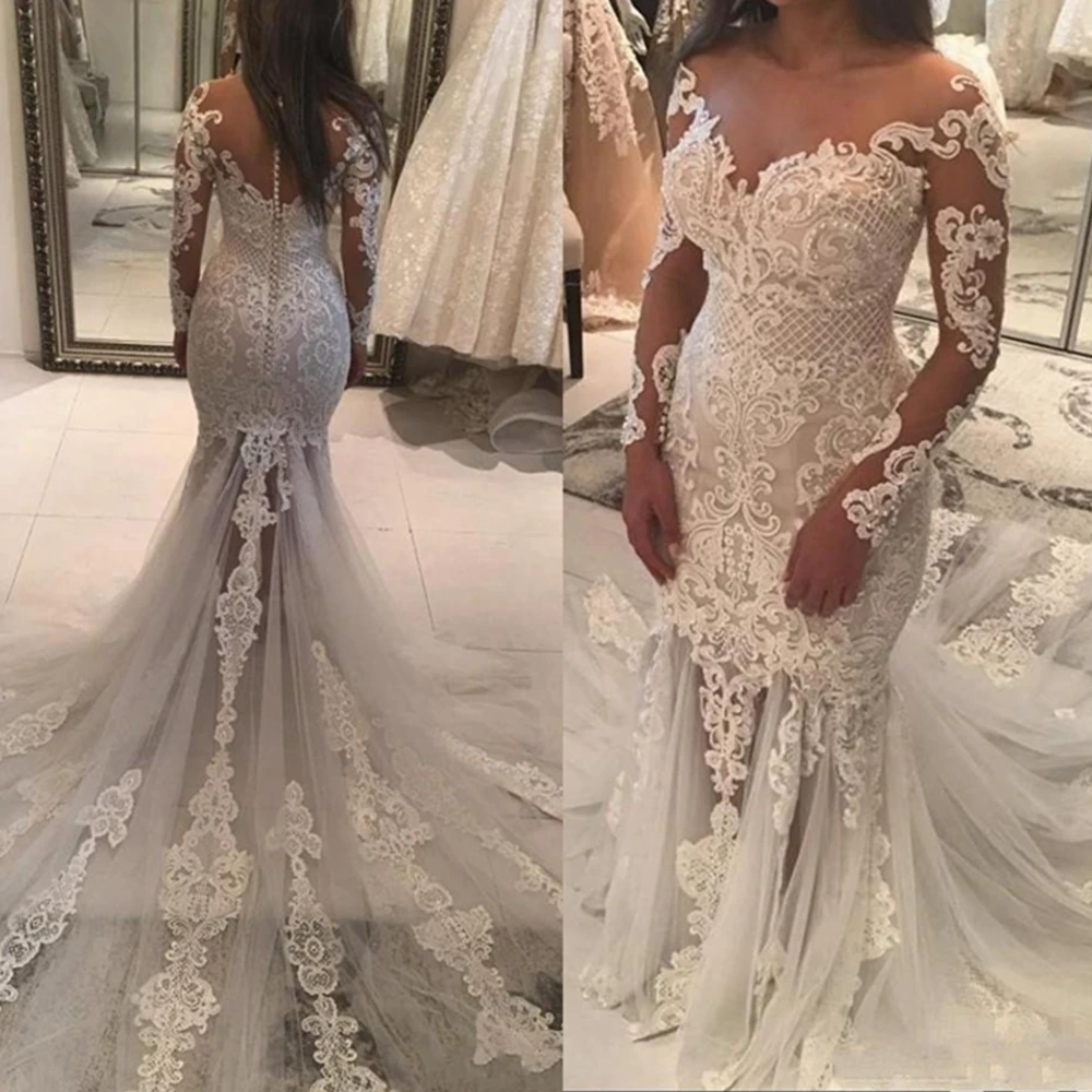 2021 Sexy Mermaid Wedding Dresses Long Lace Appliques Pearls Beaded Illusion Long Sleeves See Through Tulle Plus Size