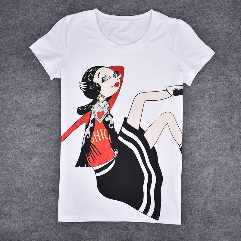 Ladies t shirts school style top tee beading cartoon girl's skirt print short Sleeve Tops for women punk hip hop t-shirts