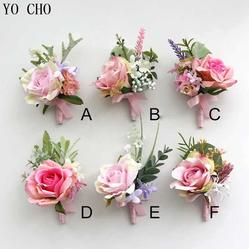 YO CHO Bruiloft Accessoires Boutonnières Corsages Roze Rose Manchet Armband Flore Bruidsmeisje Bruidsjonkers Huwelijk Zijde Pols Corsages