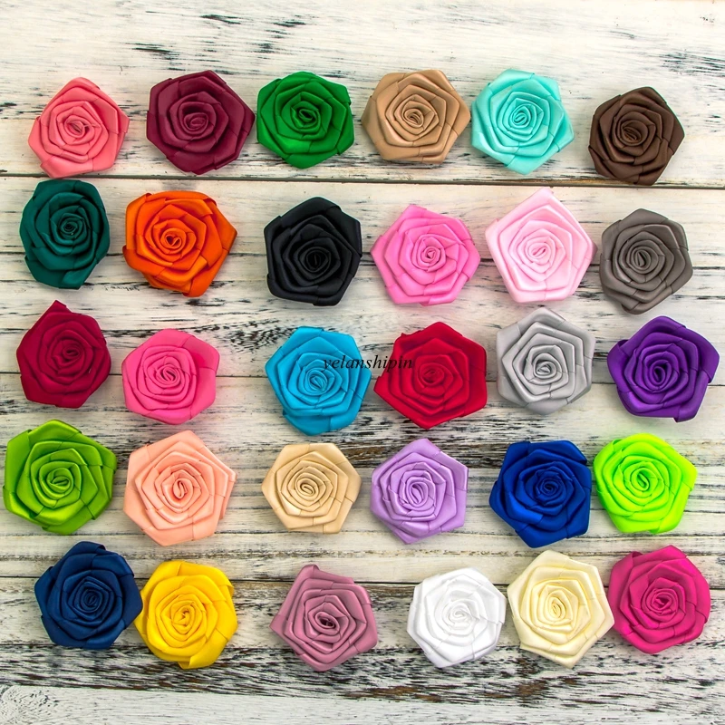 

120pcs/lot 2.4" 20colors Hair Clips Satin Ribbon Rolled Rose Flower For Hair Accessories Artificial Fabric Flowers For Headbands